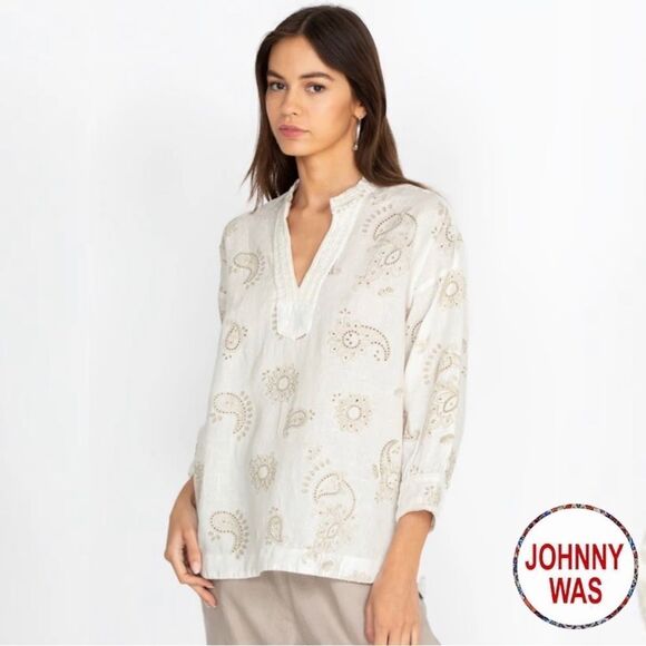 Johnny Was **NWT** Skyler Linen Top In Antique White With Mock Collar - Picture 7 of 11